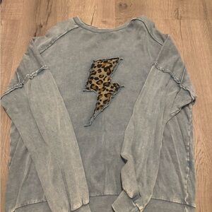 Easel Blue Sweatshirt with Leopard Print Lightning Bolt